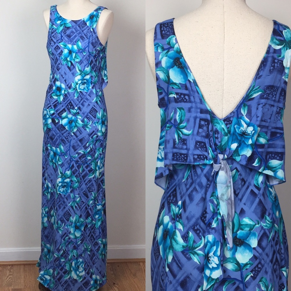 Vintage Floral Hawaiian Maxi Dress Back Tie 90s S